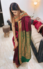 Luxury Maroon Kanjivaram Silk Saree With Emerald Zari Border