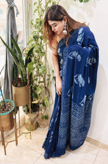 Neel Vruksha Ajrakh Handblock Mul Saree