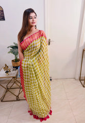 Lime Rose Checks Pure Handloom Mul Saree