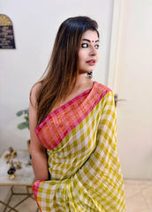 Lime Rose Checks Pure Handloom Mul Saree