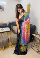 Midnight Rainbow – Jet Black Gajji Silk Saree