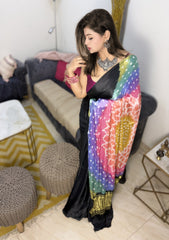 Midnight Rainbow – Jet Black Gajji Silk Saree