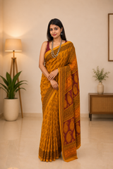 Mustard Maheshwari Bagh Print Saree