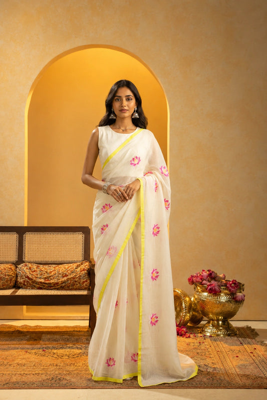 Ivory Lotus Handloom Mul Saree with Neon Border