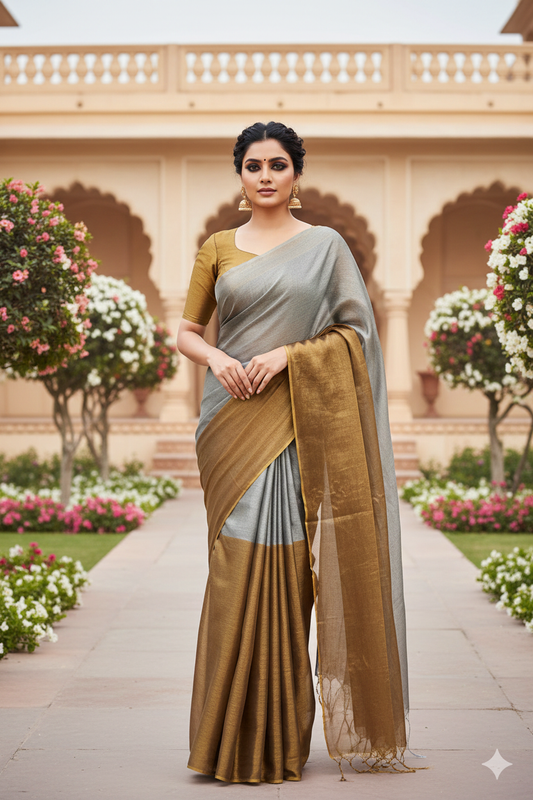 Svarna Tara – Soft Golden and Silver Tissue Saree