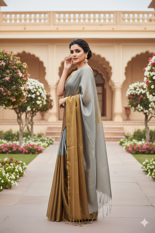 Svarna Tara – Soft Golden and Silver Tissue Saree