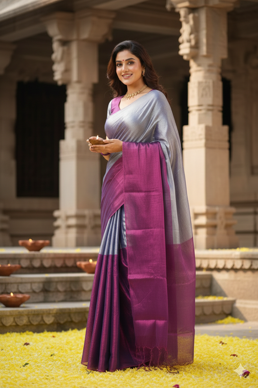 Aarohi – Silver & Wine Half and Half Soft Tissue Saree