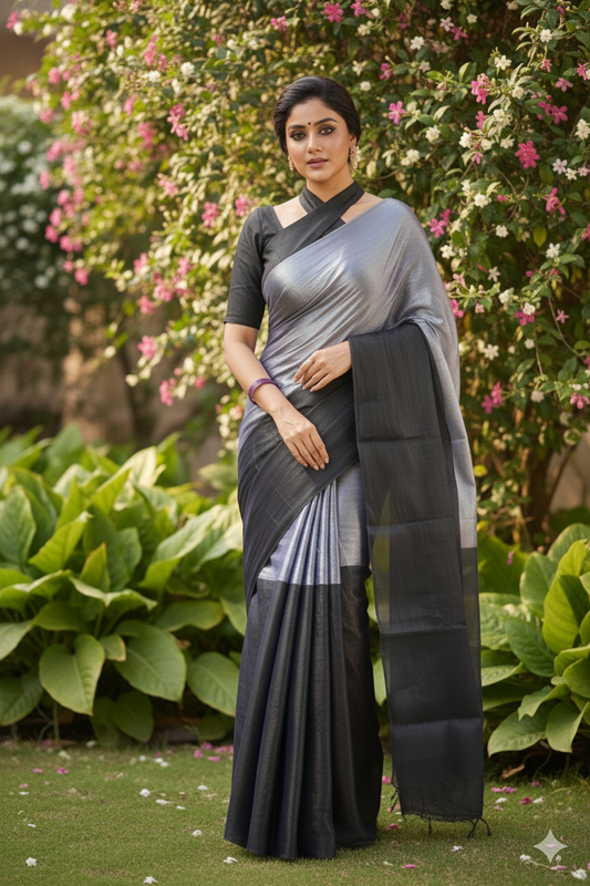 Noir Gleam – Silver & Black Dual Tone Soft Tissue Saree