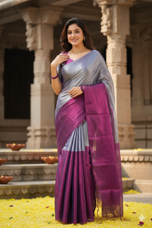 Aarohi – Silver & Wine Half and Half Soft Tissue Saree