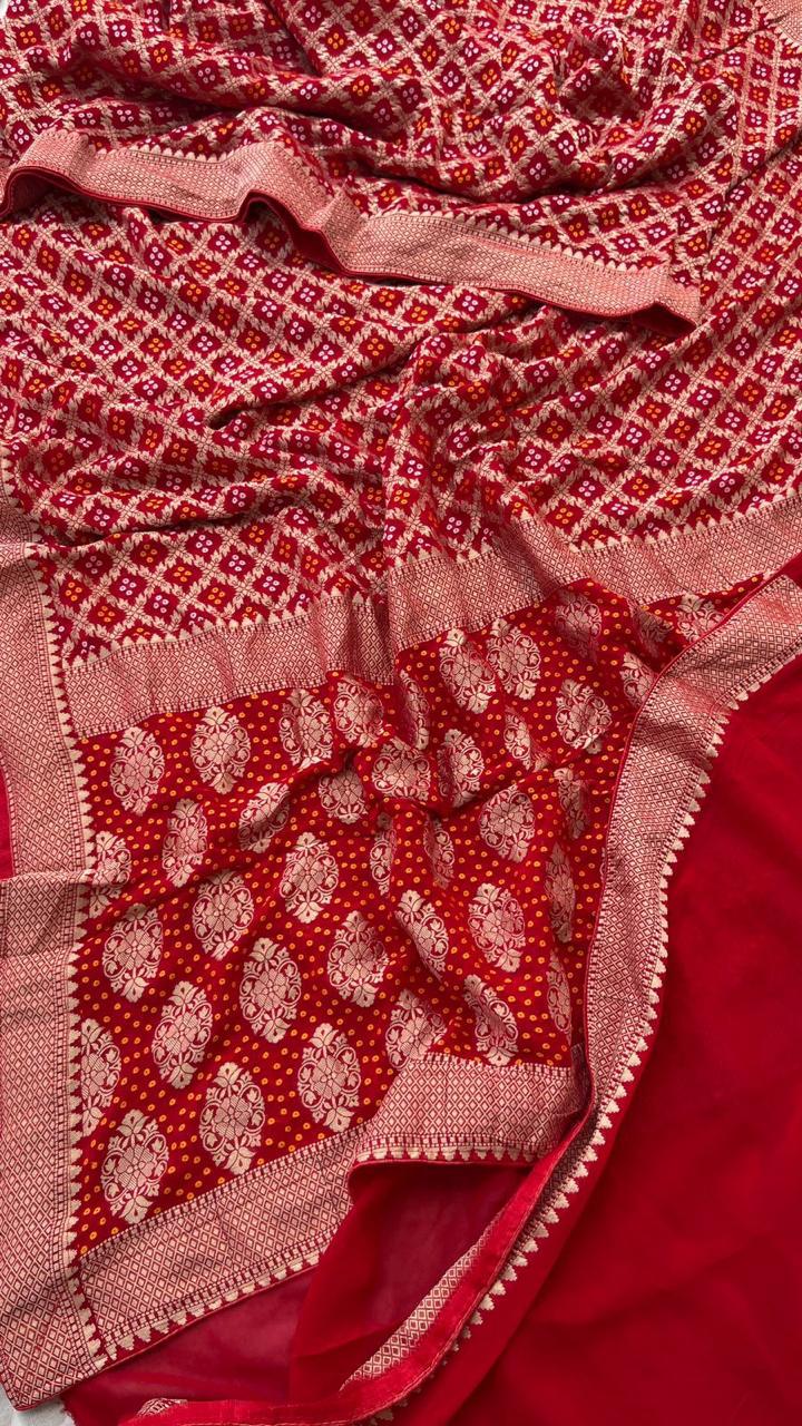 Crimson Radiance Banarasi Khaddi Bandhani Saree