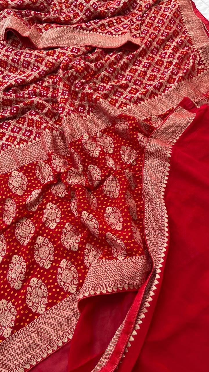 Crimson Radiance Banarasi Khaddi Bandhani Saree