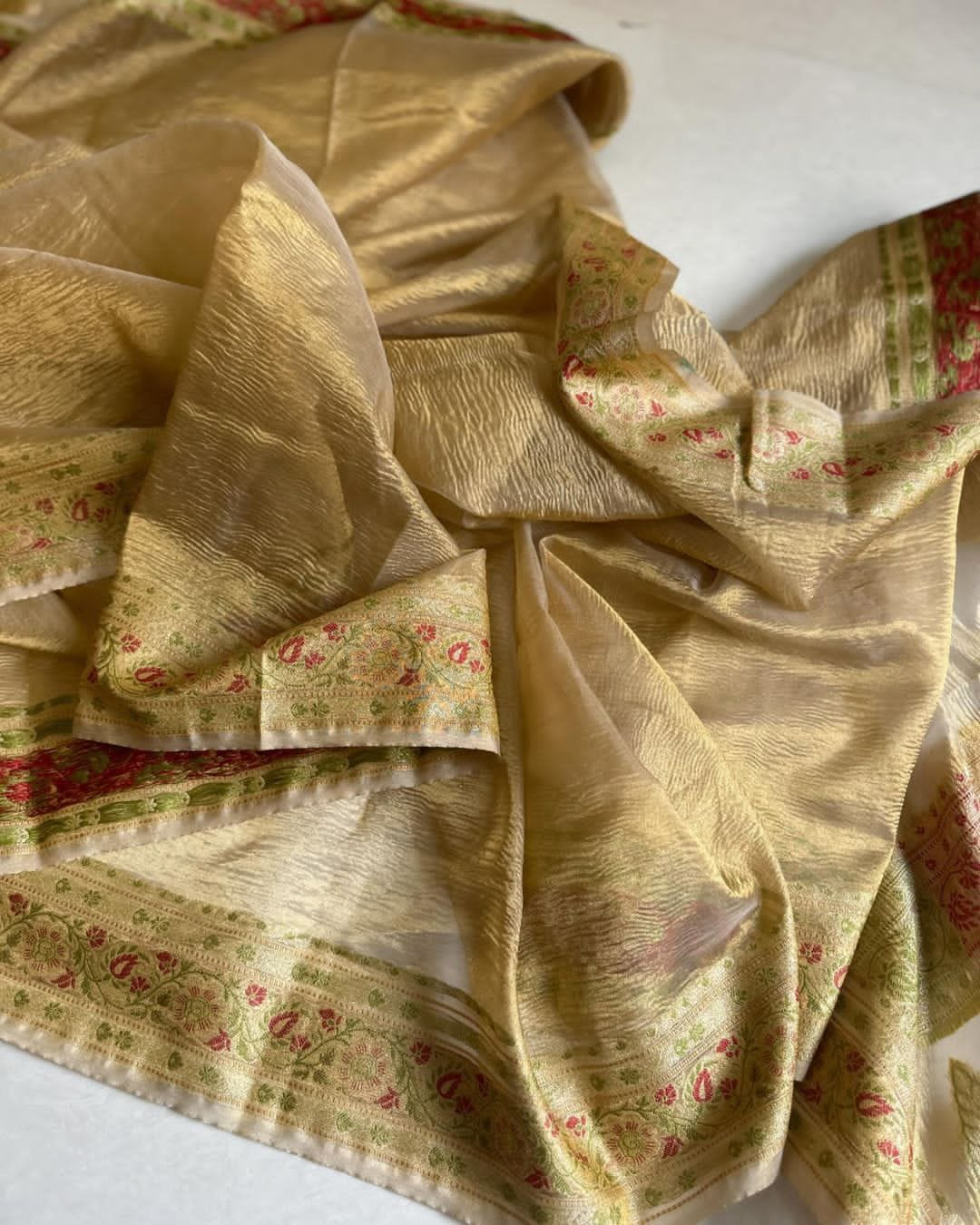 Golden Glow Crushed Tissue Meenakari Saree