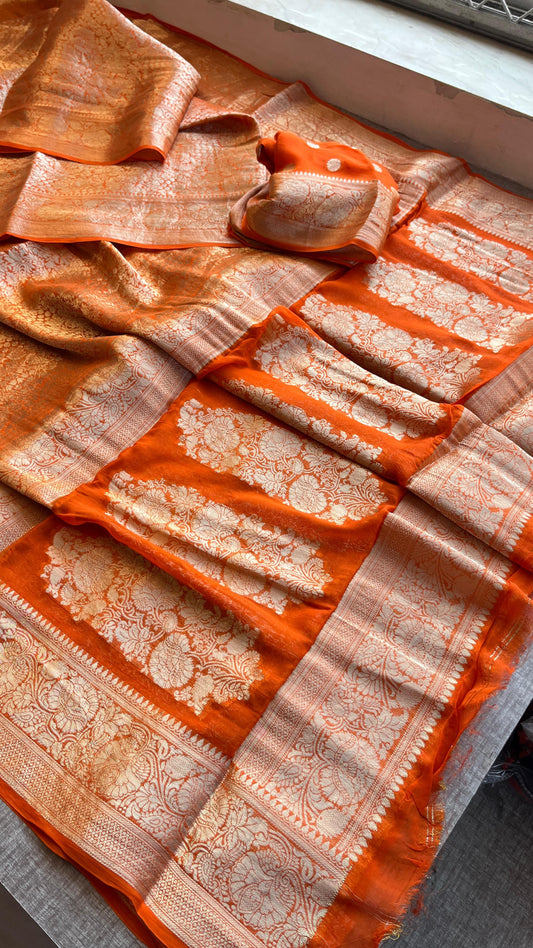 Radiant Glow Orange Khaddi Chiffon Georgette Banarasi Saree