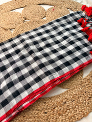 Black & White Bengal Mul Cotton Check Saree with Red Border