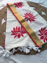 Off-White Bengal Mul Cotton Saree with Red Lotus Block Print & Zari Border