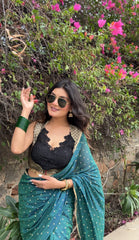 Emerald Starlight Golden Polka Dot Handloom Saree