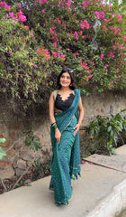 Emerald Starlight Golden Polka Dot Handloom Saree