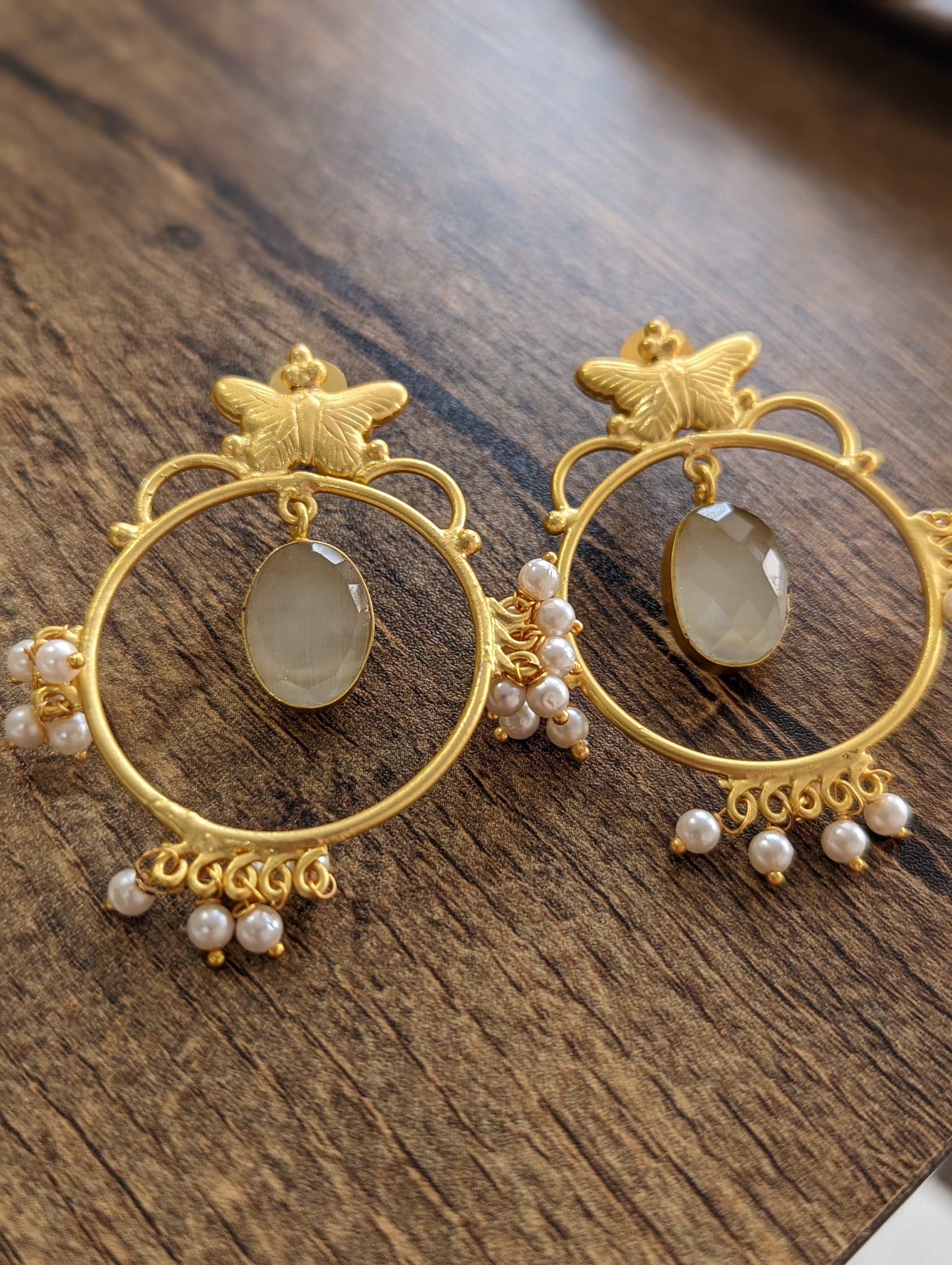 Golden Glow Brass Earrings with White Monalisa Stone