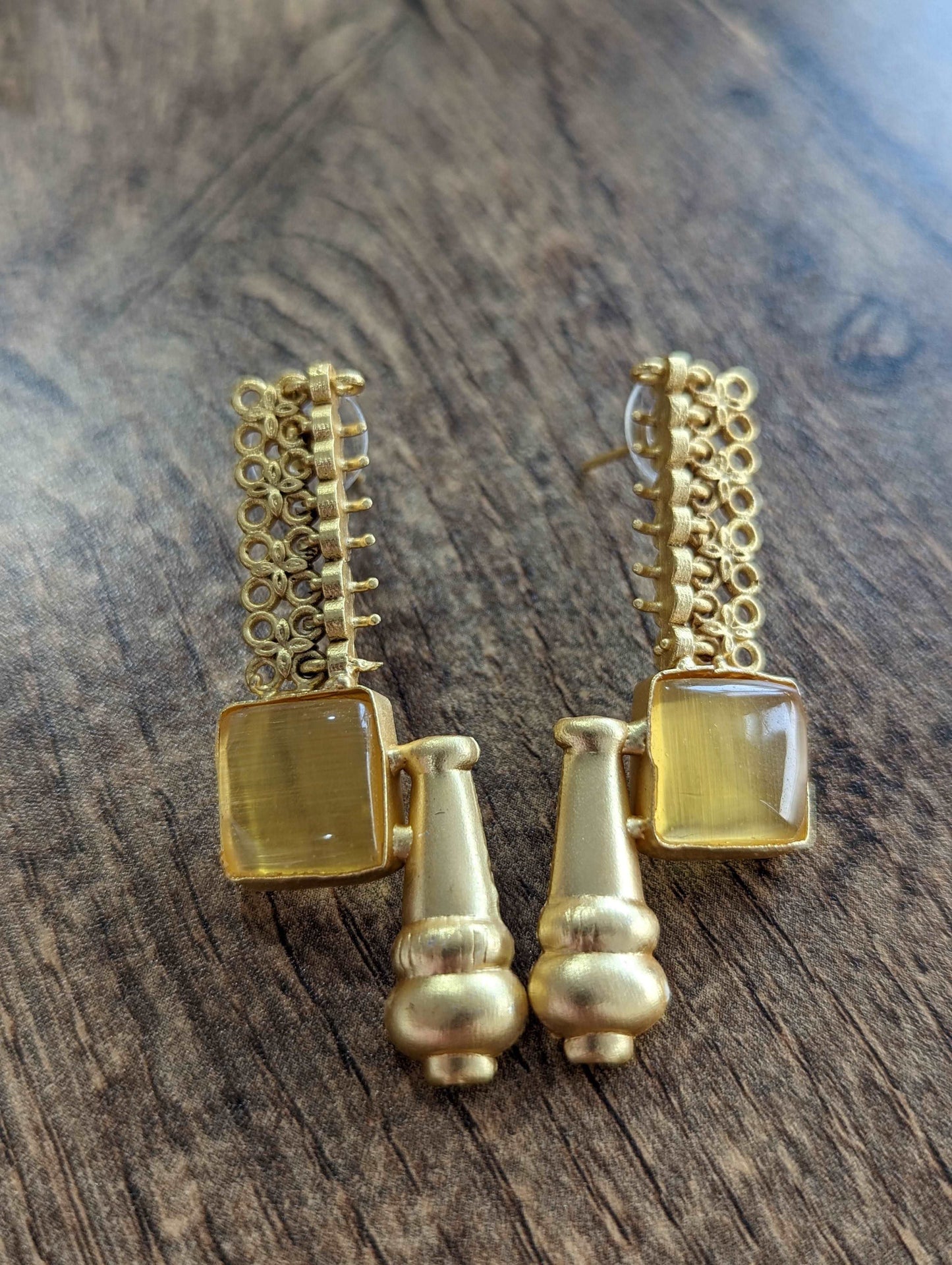 Golden Radiance Brass Earrings with Mustard Yellow Monalisa Stone