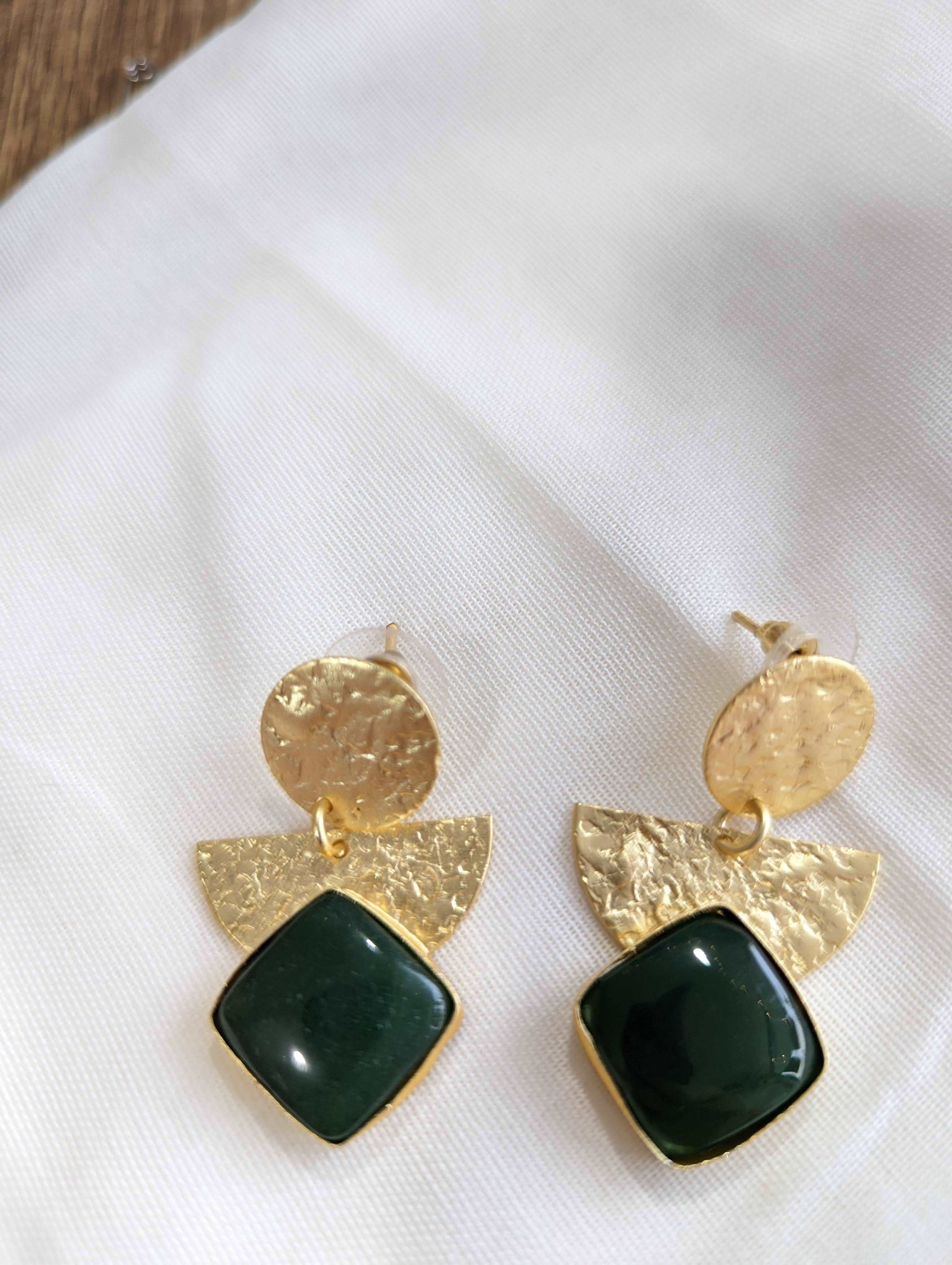 Emerald Allure Brass Earrings with Bottle Green Monalisa Stone