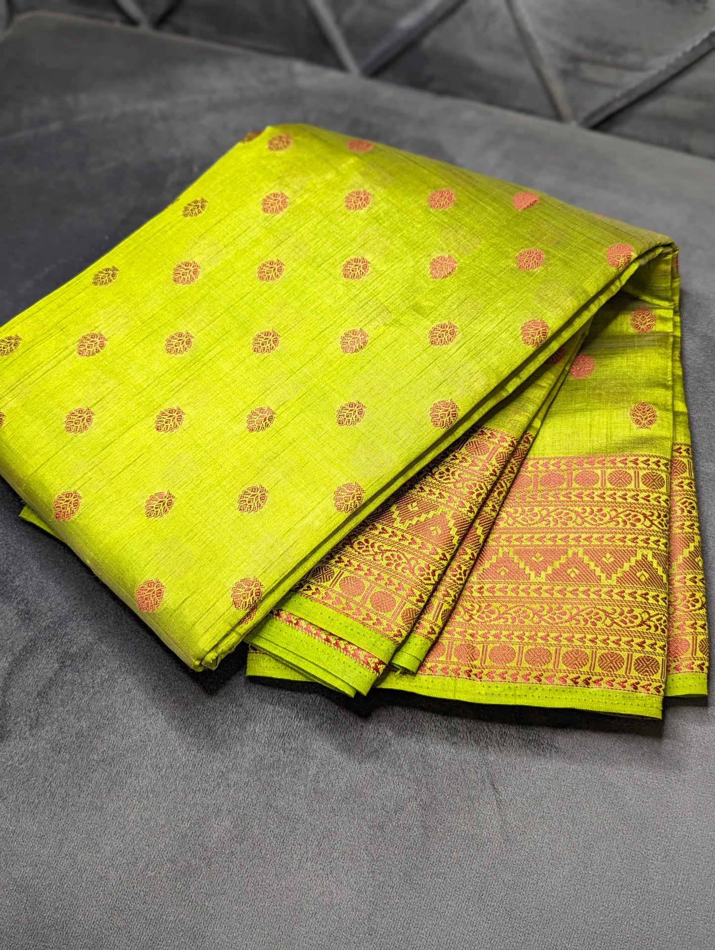 Exquisite Lime Green Banarasi Silk Saree with Tomato Red Buta