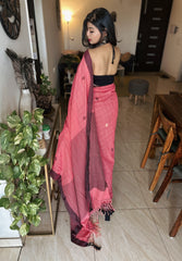 Dusky Rose Bengal Handloom Saree With Artisan Weaving