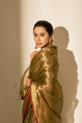 Golden Tissue Saree with Heritage Red Border