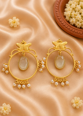 Golden Glow White Monalisa Stone Brass Earrings