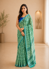 Elegant Green Blue Linen Saree With Authentic Ajrakh Craft