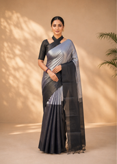 Noir Gleam Soft Tissue Saree With Metallic Silver Black Weave