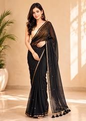 Black Mul Cotton Saree with Sitara Embellishment