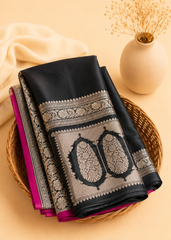 Luxury Black Banarasi Katan Silk Saree With Rani Pink Border