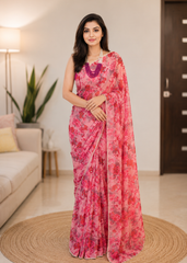 Pink Floral Pure Georgette Saree