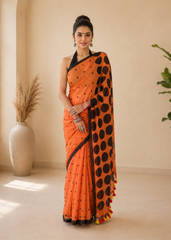 Exquisite Rust and Black Polka Mul Saree