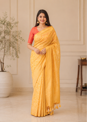 Golden Aura Semi Mustard Yellow Tussar Banarasi Silk Saree