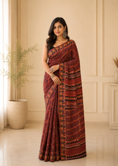 Mahogany Muse Handblock Ajrakh Mangalgiri Cotton Saree