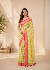 Lime Rose Checks Pure Handloom Mul Saree
