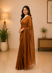 Elegant Deep Copper Saree With Soft Tissue Shine And Zari