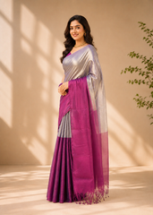 Aarohi Soft Tissue Saree In Silver Wine Dual Tone Weave
