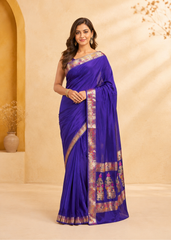 Deep Purple Dola Crepe Saree with Multicolour Jangla Zari Work