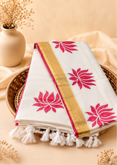 Off-White Bengal Mul Cotton Saree with Red Lotus Block Print & Zari Border
