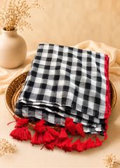 Black & White Bengal Mul Cotton Check Saree with Red Border