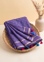 Dual Tone Blue Bengal Handloom Mul Saree with Golden Polka Dot Print