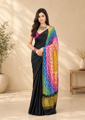 Midnight Rainbow – Jet Black Gajji Silk Saree