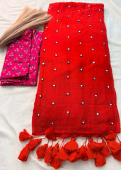 Rust Orange Mirror Glow Soft Bengal Handloom Mul Saree with Rani Pink Block Print Blouse