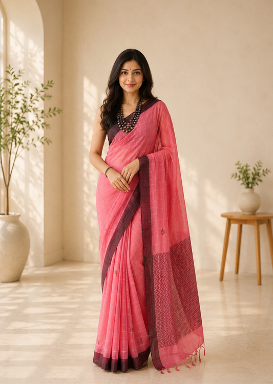 Dusky Pink Rose Bengal Loom Handwoven Saree