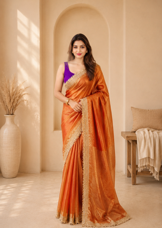 Rust Radiance – Premium Tissue Silk Saree