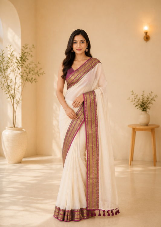 Ivory Varnika – Pure Handloom Mul Saree