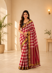 Luxury Handloom Mul Check Saree With Rajwada Heritage Weave