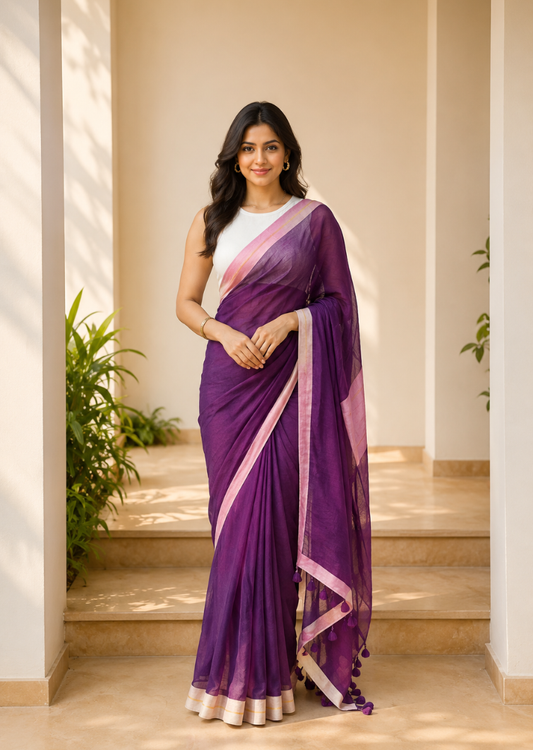 Royal Plum Pure Handloom Mul Saree